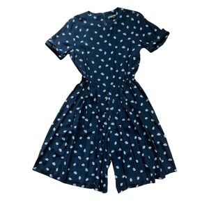 Navy Blue vintage jumpsuit with White Print and buttons